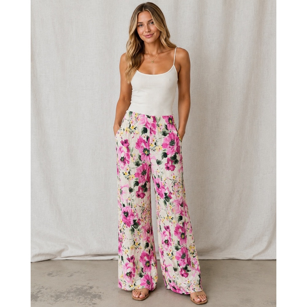 Abercrombie & Fitch crinkle wide leg pants Floral Pink Sz Medium Boho Resortwear